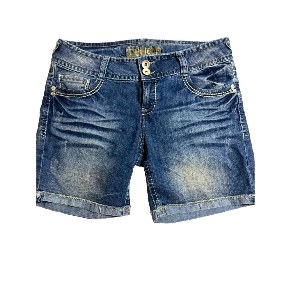 Truce Juniors Denim Shorts Size 15 Blue Distressed Rhinestone Embellished Y2K